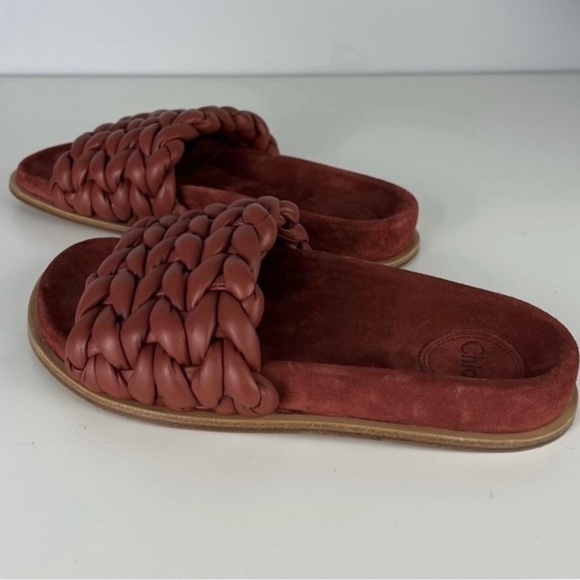 CHLOE RED BRAIDED LEATHER SLIDES - Picture 7 of 13